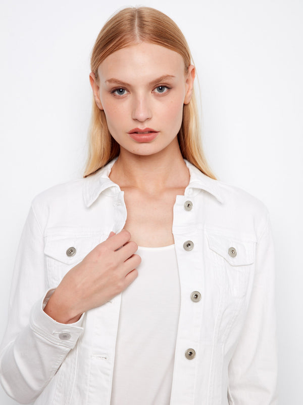 White denim jacket with a sleek design and durable button front closure for versatile styling by Charlie B.