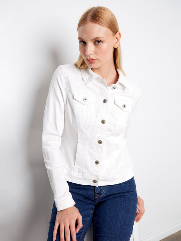 Elegant white denim jacket with practical button-flap chest pockets for added style by Charlie B.