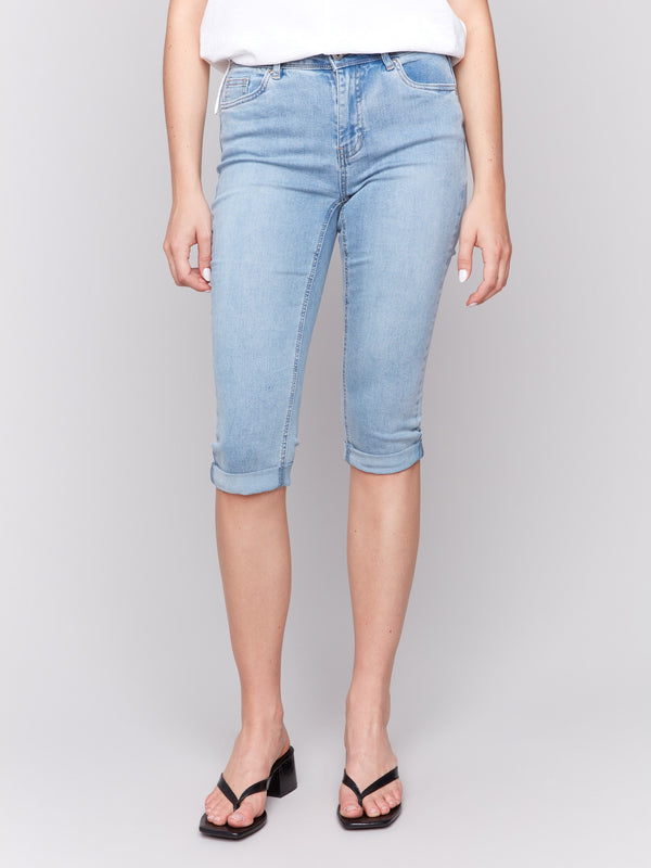 Mid-rise denim pedal pusher pants with comfortable stretch by Charlie B.