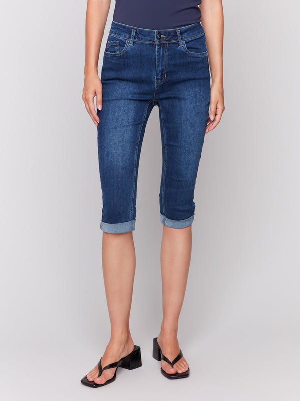 Stretch denim pedal pushers with slim fit and folded hem by Charlie B.