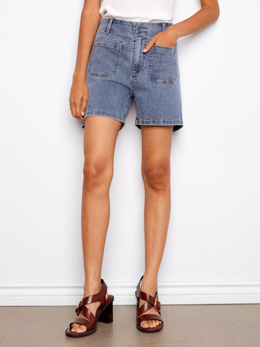 These denim shorts offer a stylish look with patch pockets for added functionality. Ideal for everyday wear. By Charlie B.