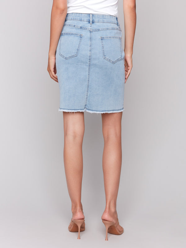 Five-pocket design enhances functionality in this denim skort by Charlie B.