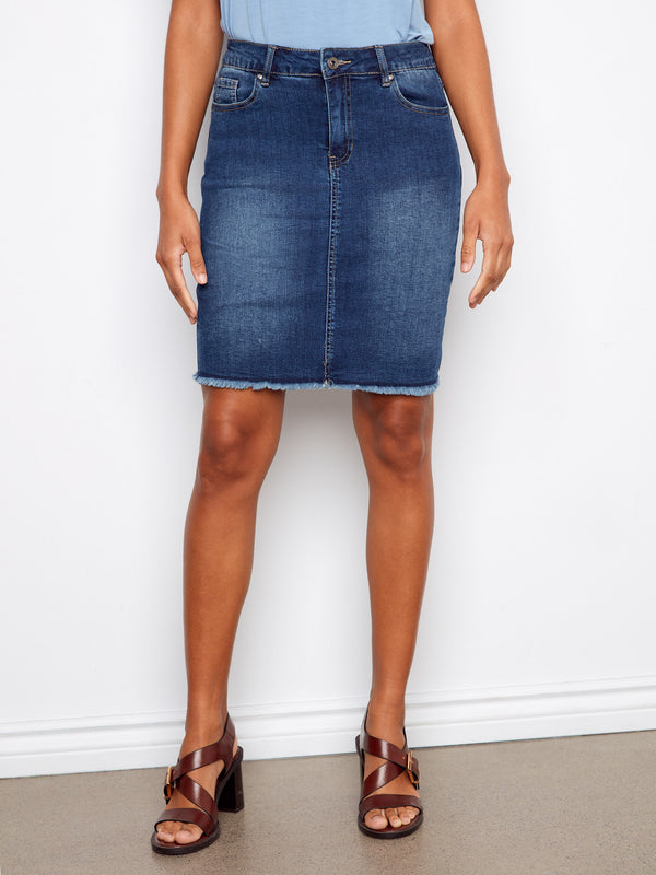 A stylish denim skirt with a frayed edge detail, adding a touch of casual chic to your outfit by Charlie B.