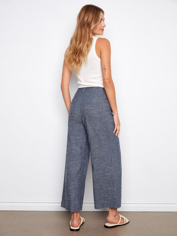 Indigo pants with regular rise and patch pockets, designed in comfy stretch linen fabric by Charlie B.