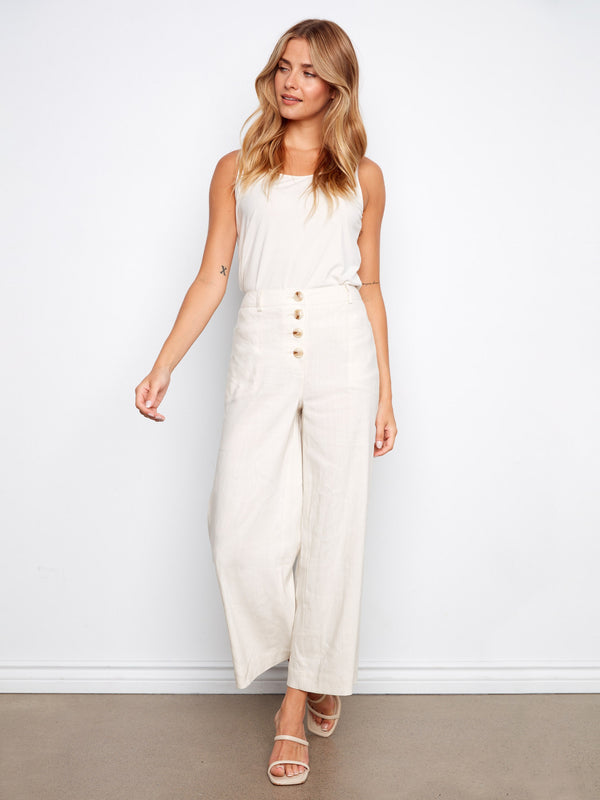 Stretch Linen Wide Leg Button-Front Pants - Natural