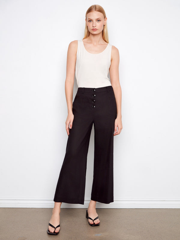 Elegant black pants with a wide leg fit and regular waist rise, adding sophistication to your wardrobe by Charlie B.