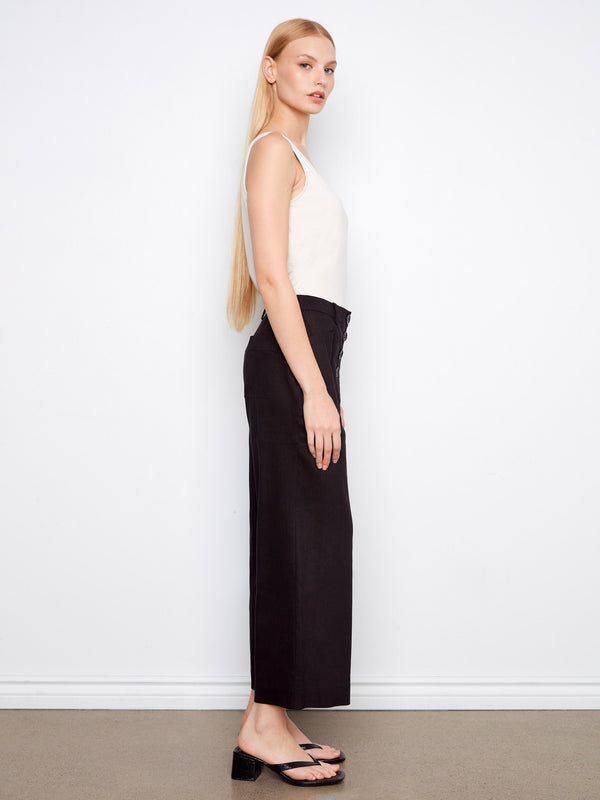 Stretch Linen Wide Leg Button-Front Pants - Black