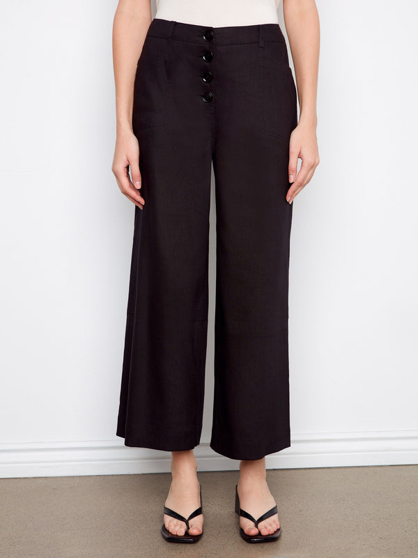 Stretch Linen Wide Leg Button-Front Pants - Black