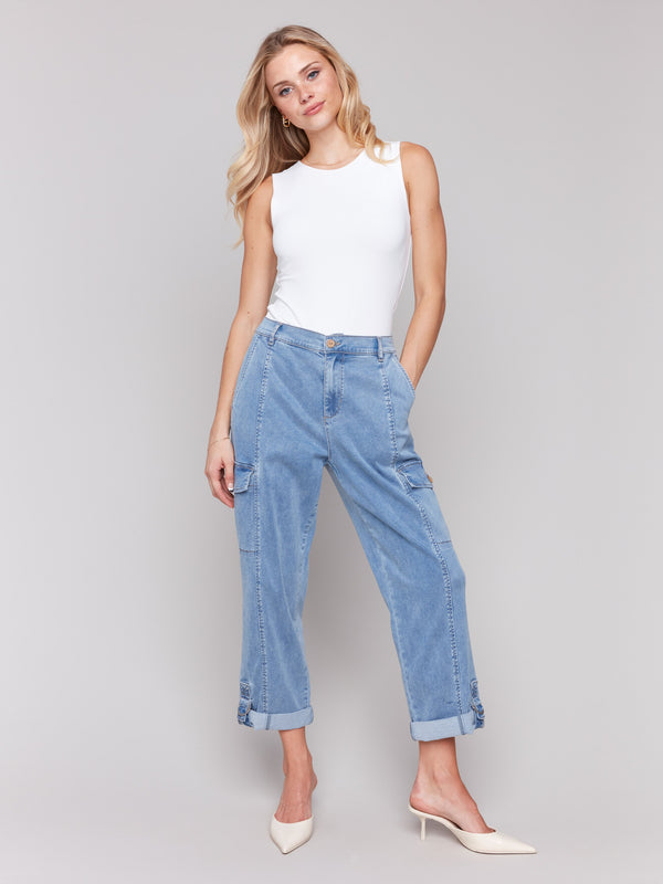 Utility-inspired chambray pants by Charlie B, showcasing two back flap pockets.