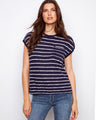 Striped navy and white top with a crew neckline, offering a stylish and comfortable look. Crafted from lightweight knit fabric by Charlie B.