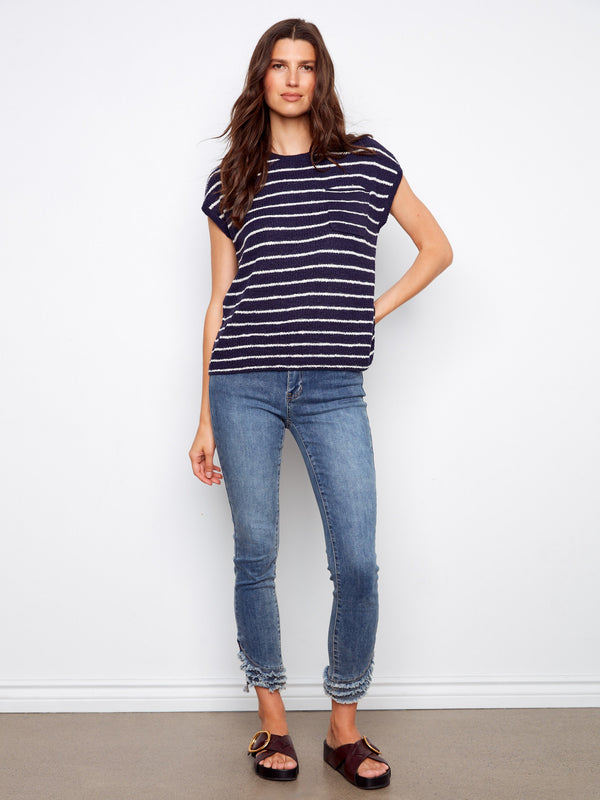 Casual striped top featuring drop cap sleeves for added style. Made with lightweight knit fabric perfect for everyday wear by Charlie B.