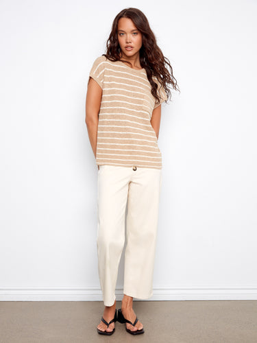Sand-colored striped top crafted from lightweight knit fabric for comfort by Charlie B.