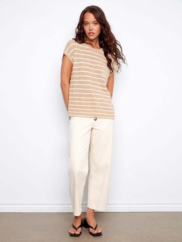 Striped Cap Sleeve Knit Top - Sand