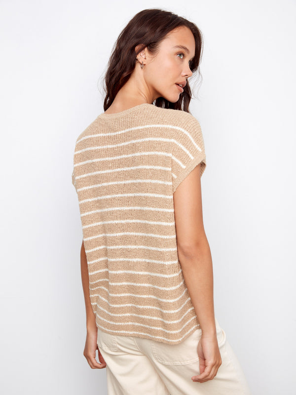 Striped Cap Sleeve Knit Top - Sand