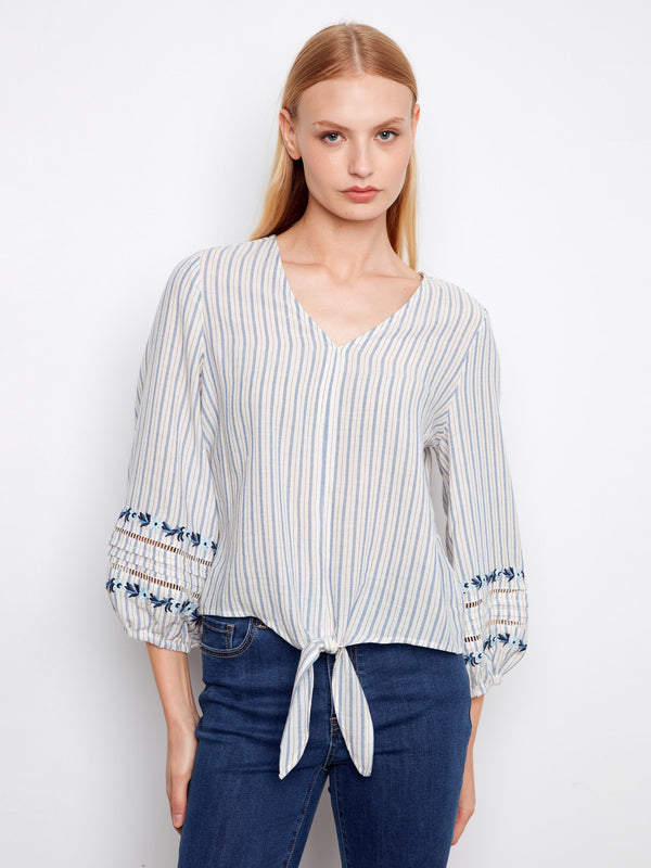 Striped Cotton Blouse With Embroidered Sleeves - Lapis