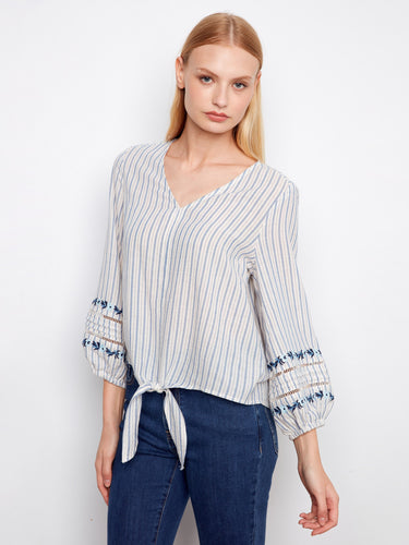 Striped blouse with beautiful embroidered sleeve details for a unique touch by Charlie B.