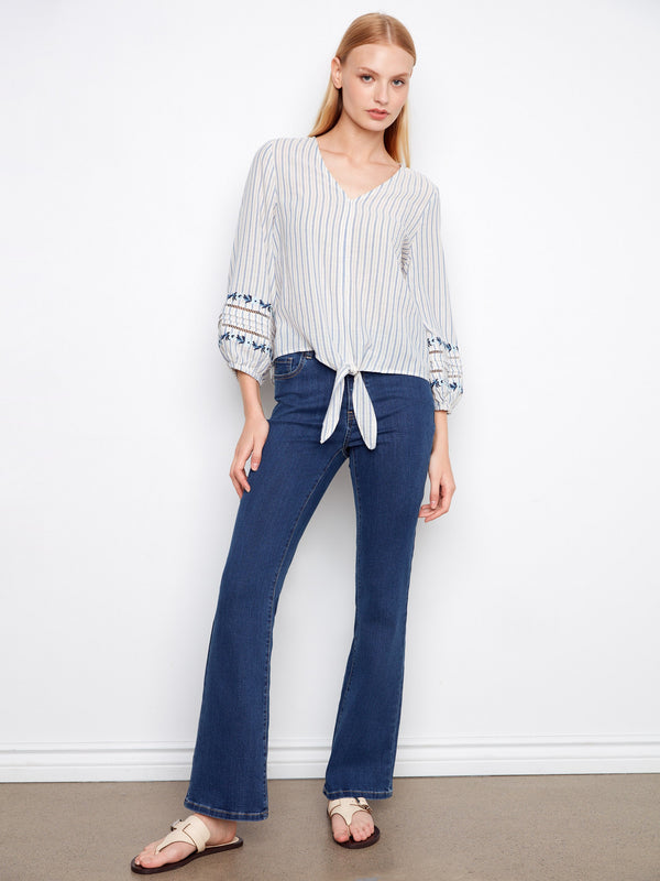 Striped Cotton Blouse With Embroidered Sleeves - Lapis