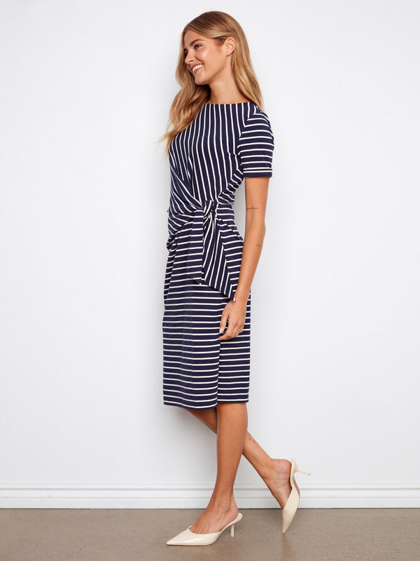 Chic mid-length navy striped dress with a flattering tie waist, ideal for casual outings by Charlie B.