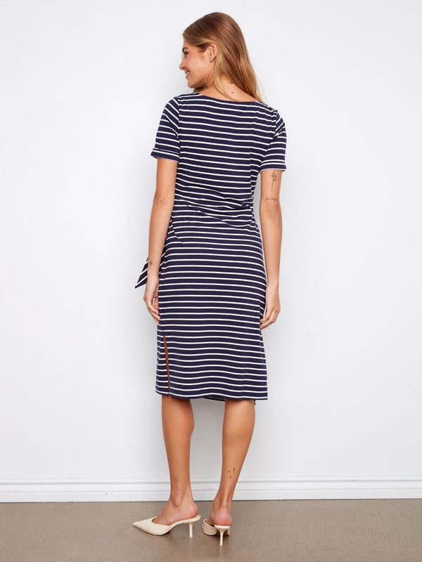 Stylish navy striped dress showcasing cuffed sleeves and mid-length design, adding elegance to any wardrobe by Charlie B.