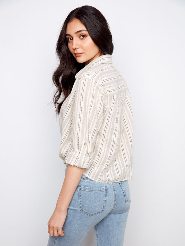 Roll-up sleeves with button tab make this striped shirt versatile and easy to style for any occasion or season by Charlie B.
