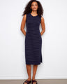 Navy striped sleeveless sweater dress featuring a classic crew neckline, crafted from soft 100% cotton by Charlie B.