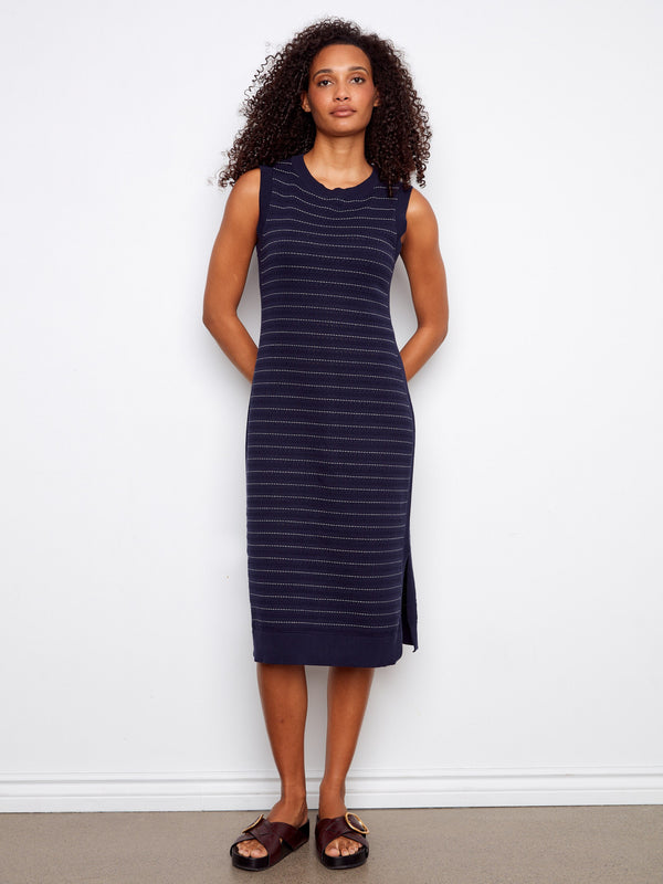 Navy striped sleeveless sweater dress featuring a classic crew neckline, crafted from soft 100% cotton by Charlie B.