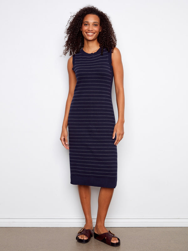 Chic navy striped dress with sleeveless design and comfortable fit, perfect for any occasion by Charlie B.