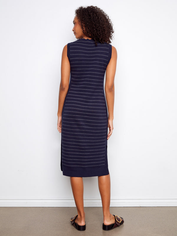Sophisticated navy midi dress with subtle stripe detail and crafted from breathable 100% cotton by Charlie B.