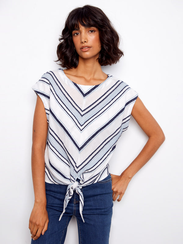 Striped Cotton Tie-Front Blouse - Cloud