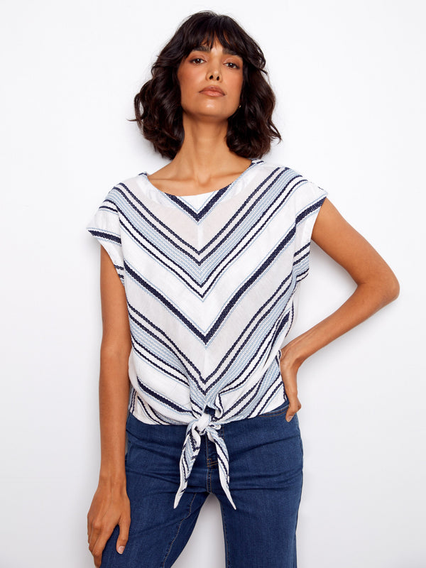 Striped Cotton Tie-Front Blouse - Cloud