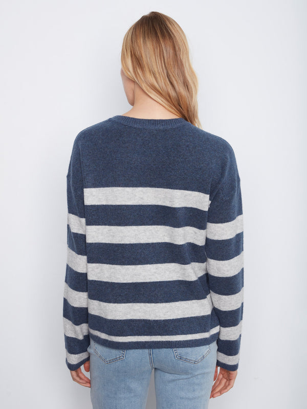 Striped Crew Neck Sweater With Heart Patch - Heather Denim