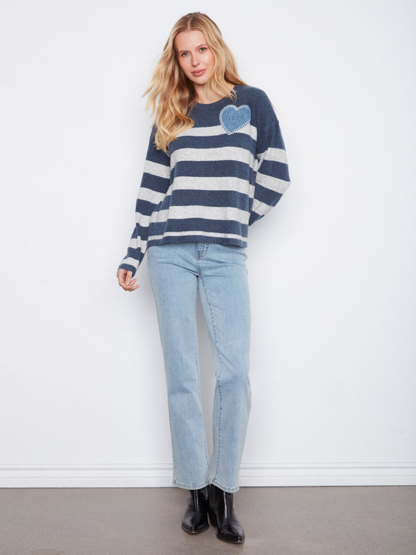Striped Crew Neck Sweater With Heart Patch - Heather Denim