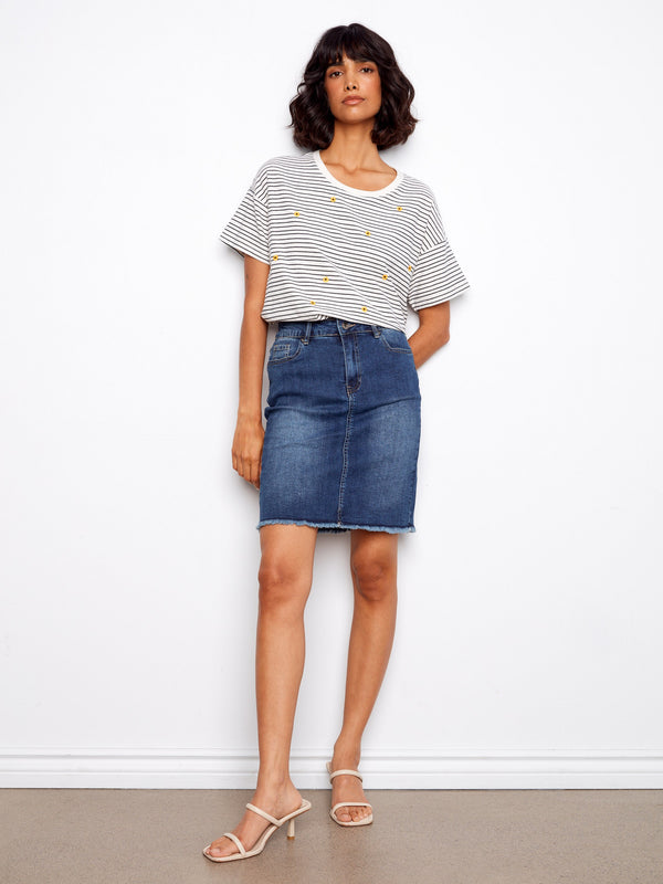 Striped Crew Neck T-Shirt With Floral Embroidery - Navy