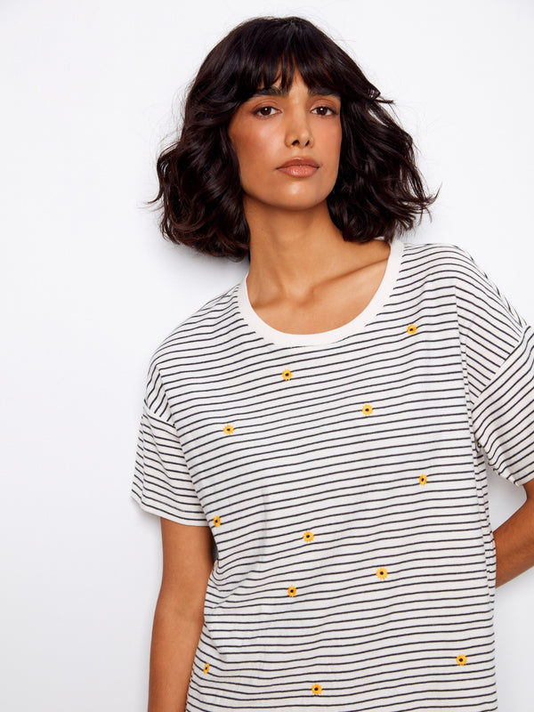 Striped Crew Neck T-Shirt With Floral Embroidery - Navy