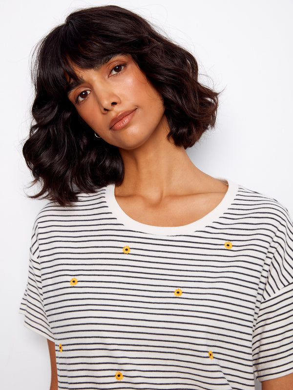 Striped Crew Neck T-Shirt With Floral Embroidery - Navy