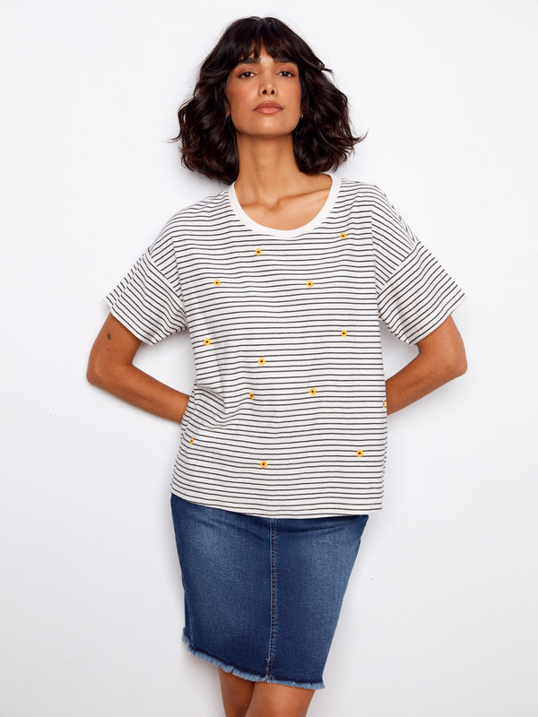 Striped Crew Neck T-Shirt With Floral Embroidery - Navy