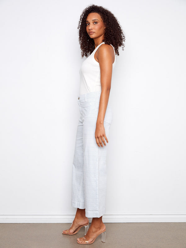 Chic striped pattern on these cropped flare trousers, adding flair to any outfit by Charlie B.