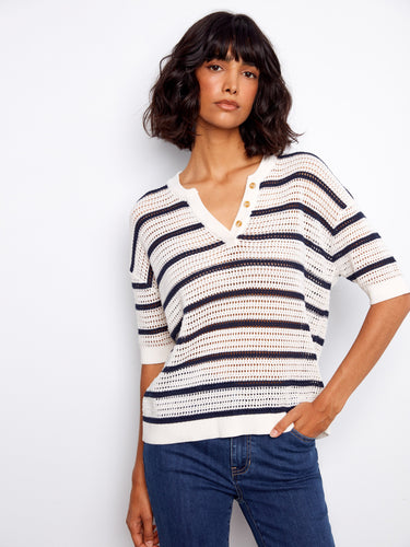 Comfortable elbow sleeves make this striped top a versatile addition to your wardrobe. Crafted by Charlie B.