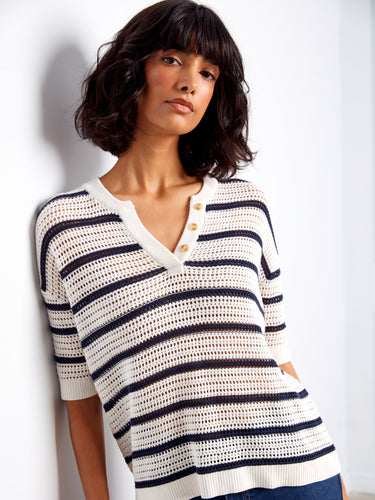 The placket detail adds a touch of sophistication to this classic striped top, enhancing its appeal. By Charlie B.