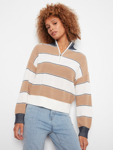 Camel and white striped sweater featuring drop shoulders for a laid-back style by Charlie B.