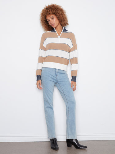 Relaxed fit striped sweater in camel and white with ribbed details on sleeves by Charlie B.