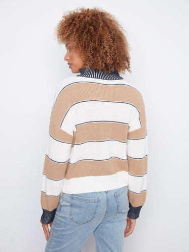 Chic camel and white striped sweater with a mock neckline for added warmth by Charlie B.