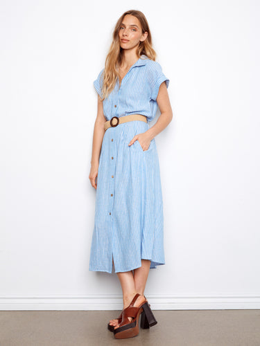 Striped Linen Blend Maxi Dress With Belt - Bluebell