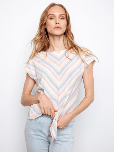 This trendy top showcases a front hem tie for added flair, making it a must-have addition to your wardrobe by Charlie B.