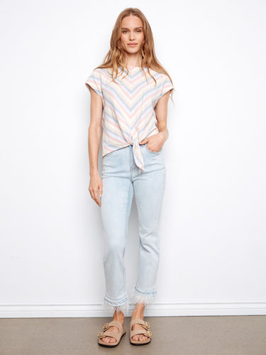 Soft pastel stripes and cap sleeves make this top an ideal choice for relaxed yet fashionable days by Charlie B.