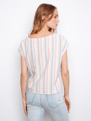 Back view of the striped top highlights its seamless design and comfortable fit, crafted with care by Charlie B.