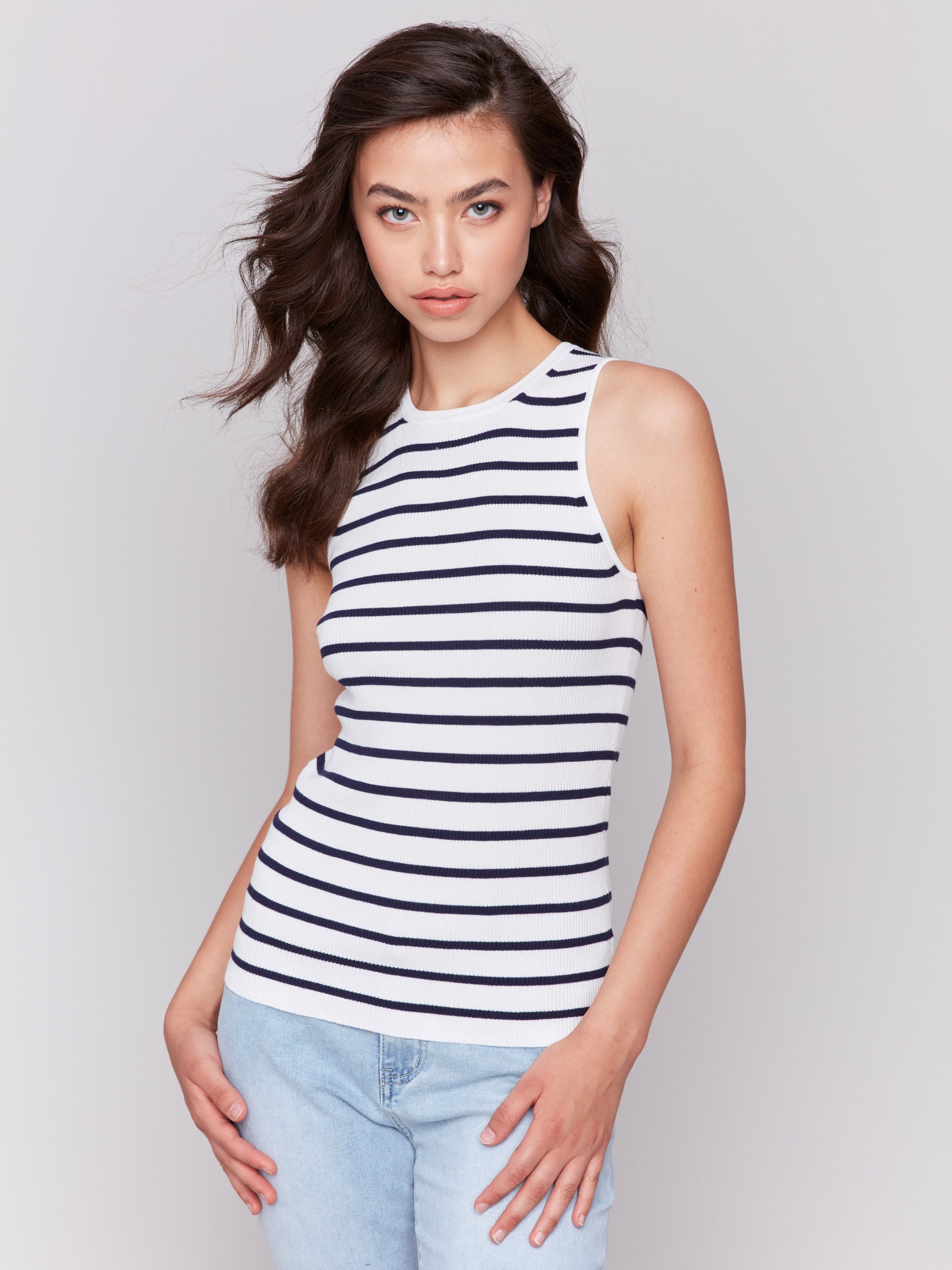 White rib knit top with slim fit and navy stripes by Charlie B.