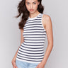 White rib knit top with slim fit and navy stripes by Charlie B.