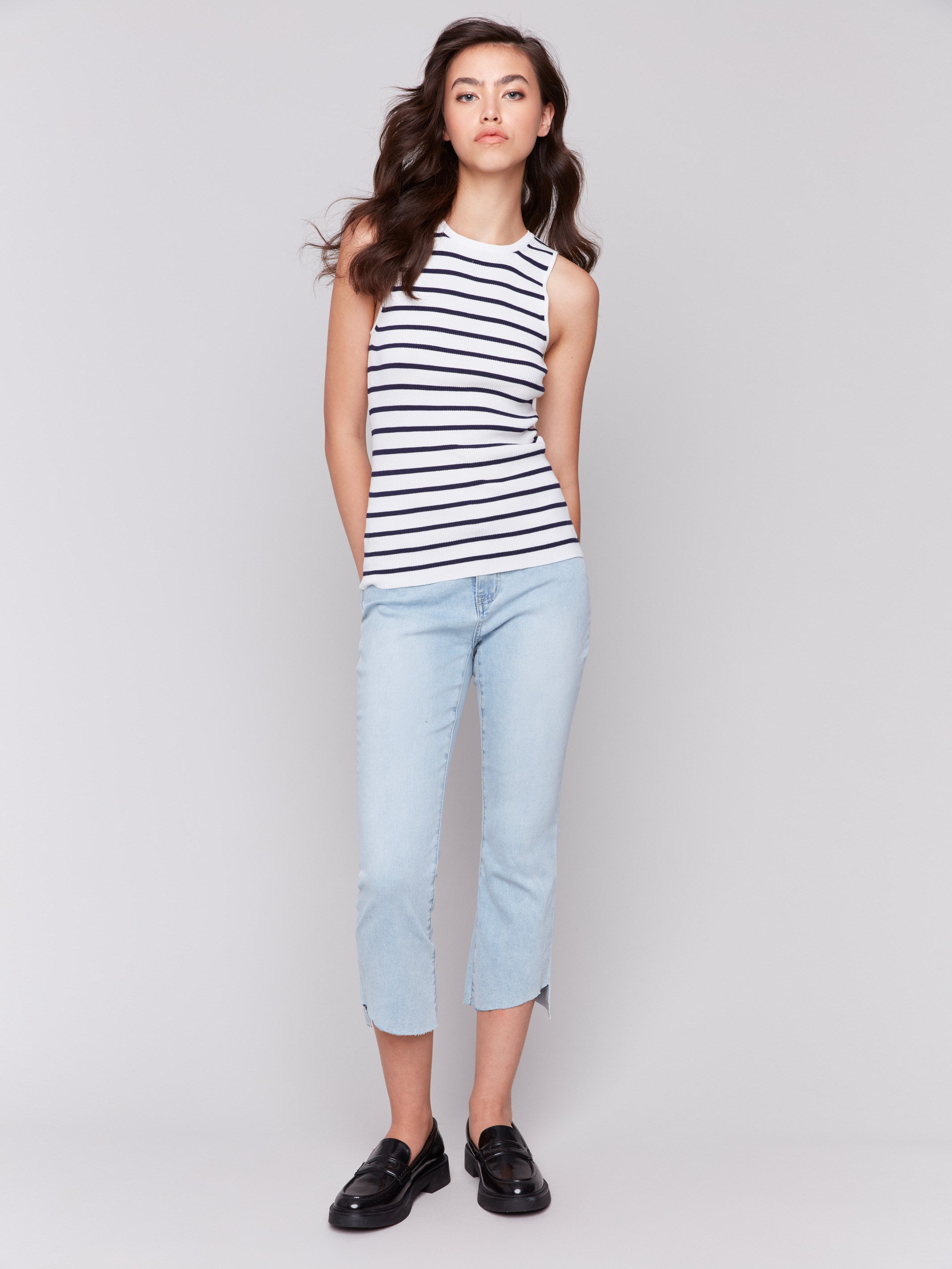 Navy striped sleeveless top with rib knit texture by Charlie B.