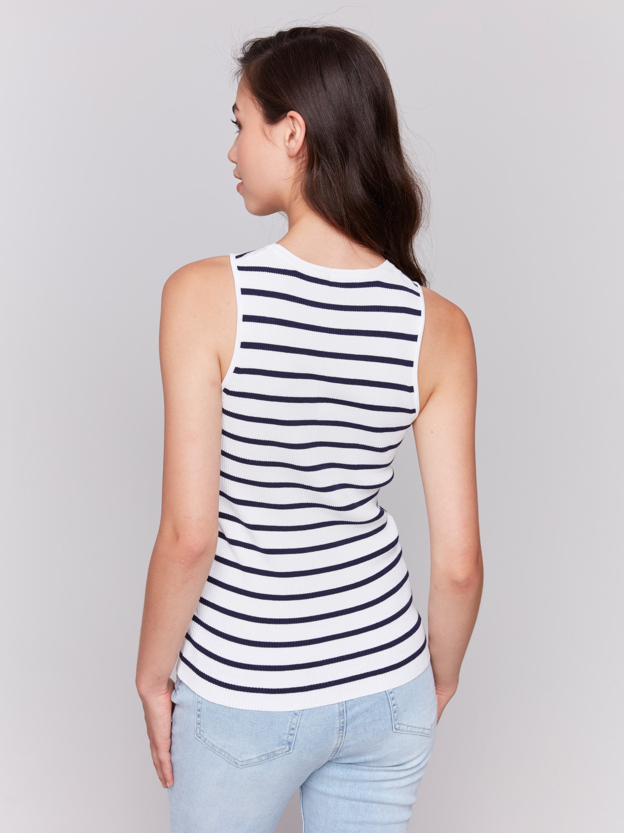 Crew neckline white top featuring navy stripes by Charlie B.